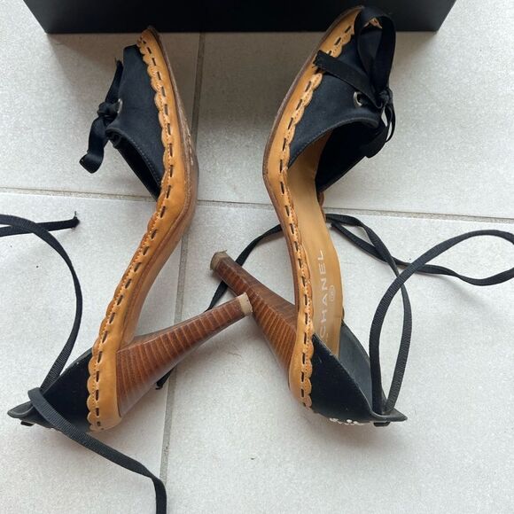 CHANEL Black Satin D'Orsay Sandals Interlocking Pearl CC Logo Lace Up 38 - Picture 10 of 14